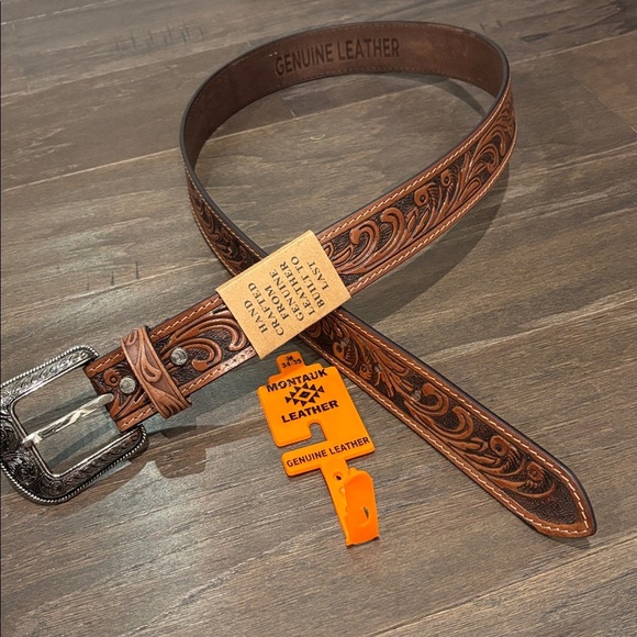Montauk Genuine Leather Tooled Western Rodeo,filigree buckle,single stitch edge - Picture 10 of 10